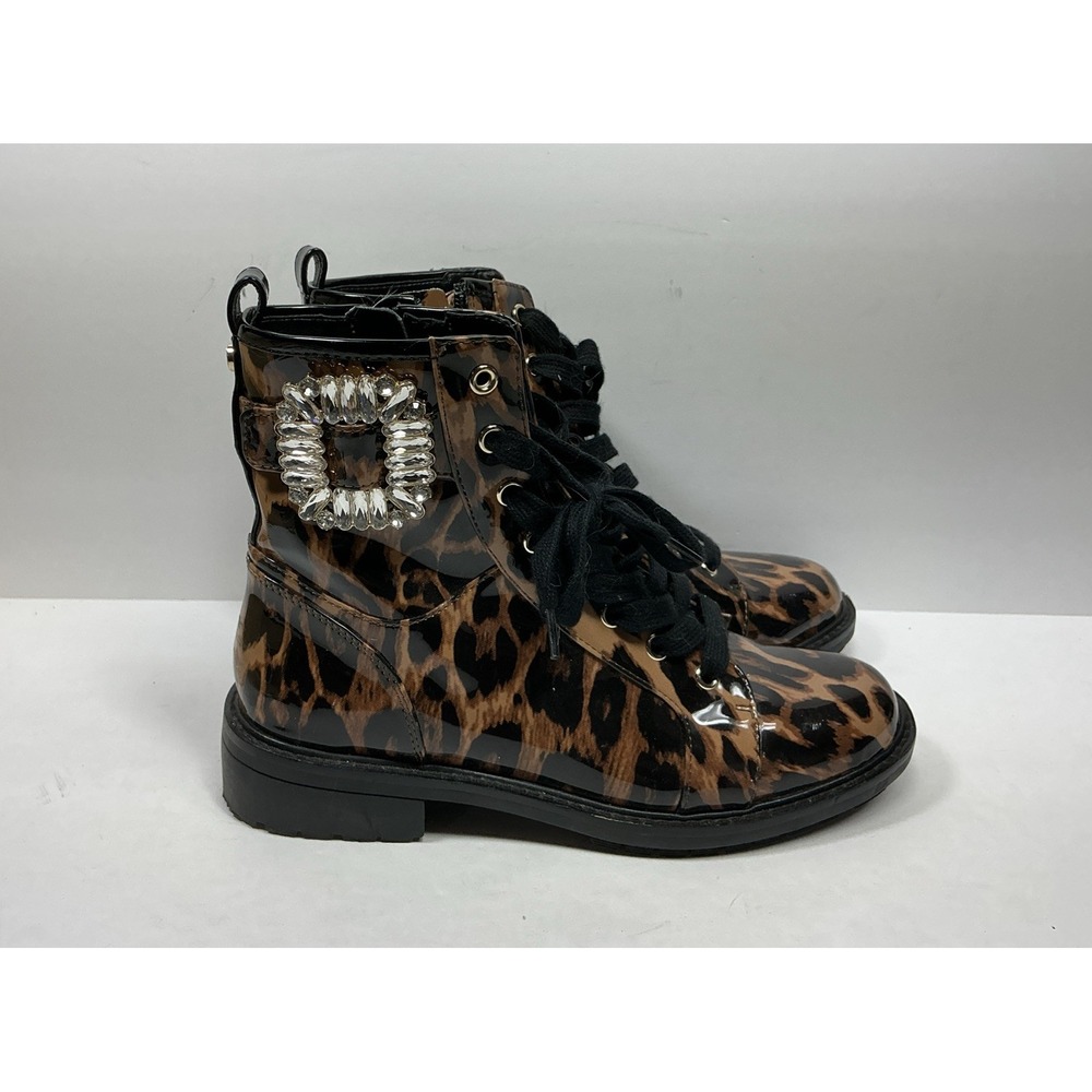 Alex Marie Leopard Print Combat Boots Womens 8M Embellished ZipUp Patent Leather